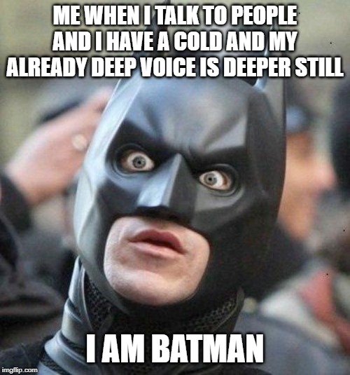 When I have a cold I go around telling everyone "I am Batman". Because I sound like it. | ME WHEN I TALK TO PEOPLE AND I HAVE A COLD AND MY ALREADY DEEP VOICE IS DEEPER STILL; I AM BATMAN | image tagged in shocked batman,cold,batman,flu | made w/ Imgflip meme maker