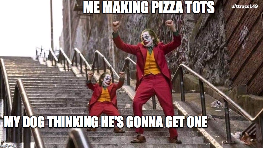 Joker and mini joker | ME MAKING PIZZA TOTS; MY DOG THINKING HE'S GONNA GET ONE | image tagged in joker and mini joker | made w/ Imgflip meme maker