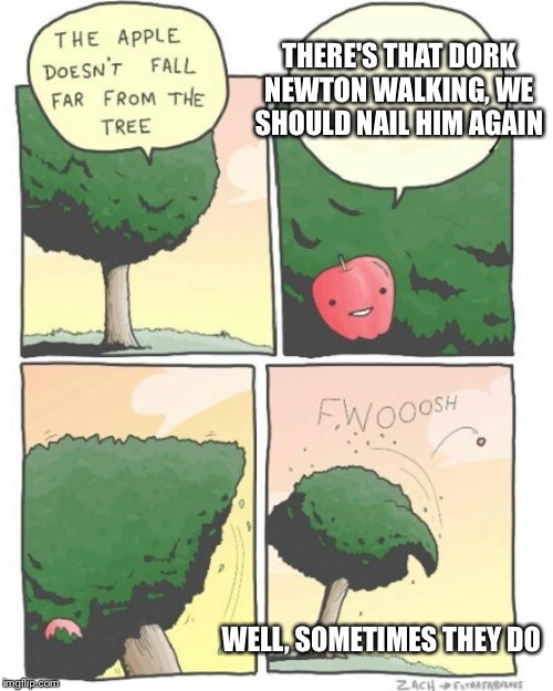 Learning about gravity and force for the second time | THERE'S THAT DORK NEWTON WALKING, WE SHOULD NAIL HIM AGAIN; WELL, SOMETIMES THEY DO | image tagged in apple tree | made w/ Imgflip meme maker