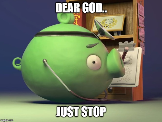 Scared Doc Piggy | DEAR GOD.. JUST STOP | image tagged in piggy,doc | made w/ Imgflip meme maker