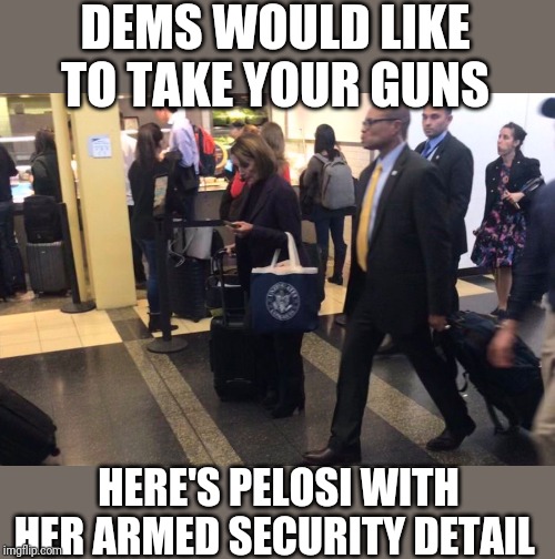 DEMS WOULD LIKE TO TAKE YOUR GUNS; HERE'S PELOSI WITH HER ARMED SECURITY DETAIL | image tagged in funny memes | made w/ Imgflip meme maker