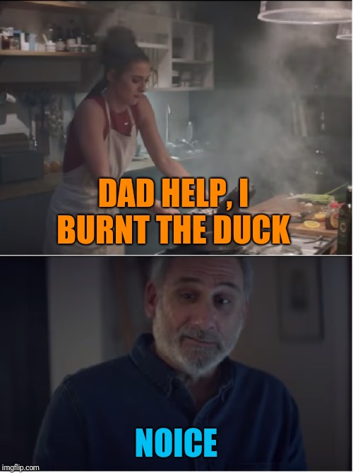 Burnt the duck | DAD HELP, I BURNT THE DUCK NOICE | image tagged in burnt the duck | made w/ Imgflip meme maker
