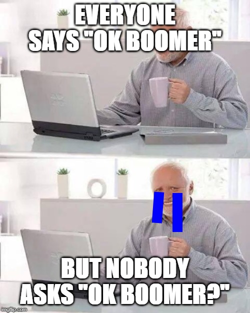 Hide the Pain Harold | EVERYONE SAYS "OK BOOMER"; BUT NOBODY ASKS "OK BOOMER?" | image tagged in memes,hide the pain harold | made w/ Imgflip meme maker