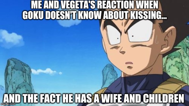 Surprized Vegeta |  ME AND VEGETA'S REACTION WHEN GOKU DOESN'T KNOW ABOUT KISSING... AND THE FACT HE HAS A WIFE AND CHILDREN | image tagged in memes,surprized vegeta | made w/ Imgflip meme maker