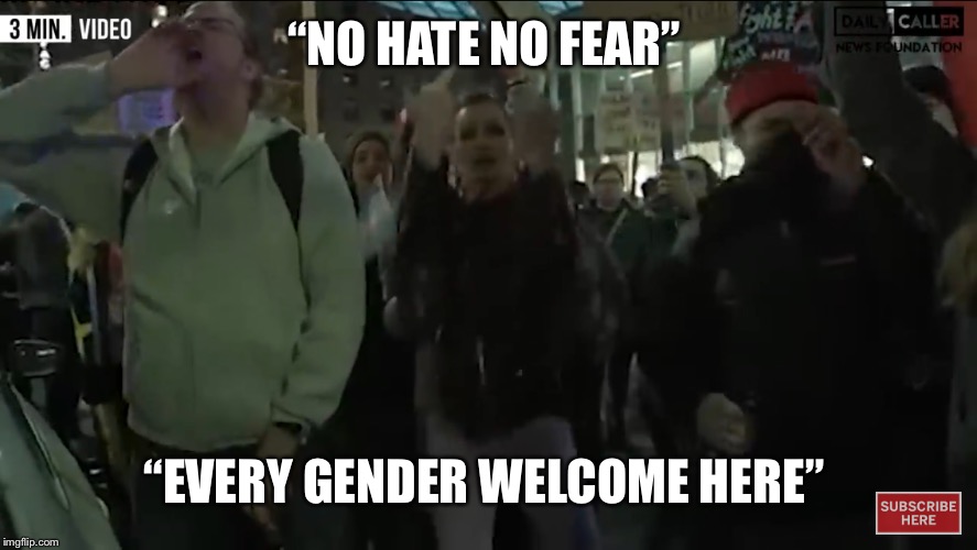 Ironic protesters | “NO HATE NO FEAR”; “EVERY GENDER WELCOME HERE” | image tagged in ironic protesters,lgbtq,confused screaming,liberal logic,college liberal | made w/ Imgflip meme maker