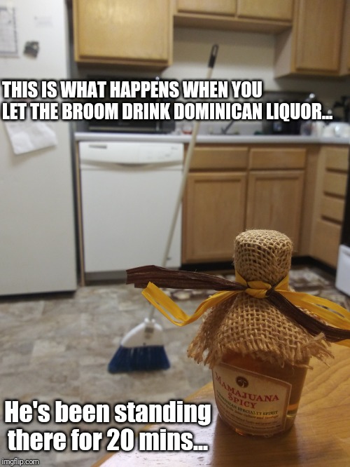 Broom challenge | THIS IS WHAT HAPPENS WHEN YOU LET THE BROOM DRINK DOMINICAN LIQUOR... He's been standing there for 20 mins... | image tagged in broom challenge | made w/ Imgflip meme maker