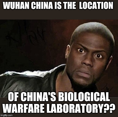 Nothing to see here folks, it's not Biological Warfare, it's simply the Wuhan Institute of Virology, not even close! | WUHAN CHINA IS THE  LOCATION; OF CHINA'S BIOLOGICAL WARFARE LABORATORY?? | image tagged in memes,kevin hart | made w/ Imgflip meme maker
