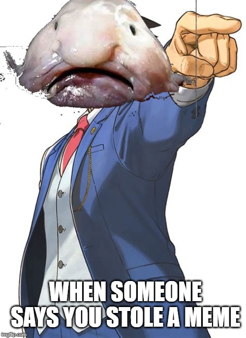 Ace blobfish | WHEN SOMEONE SAYS YOU STOLE A MEME | image tagged in blobfish,ace attorney,ace,stealing memes,meme stealing license | made w/ Imgflip meme maker