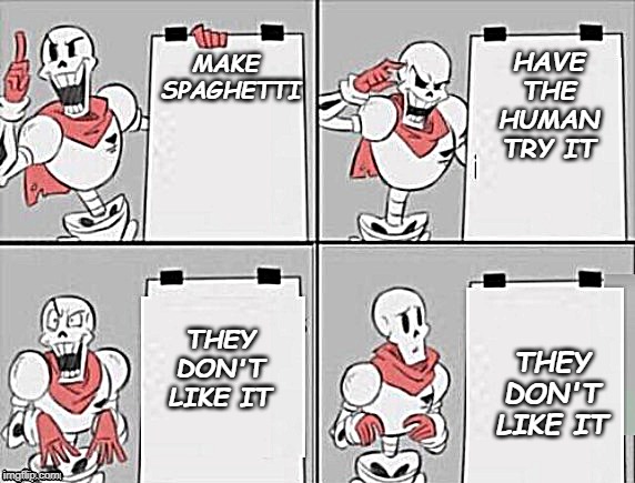 Papyrus plan | HAVE THE HUMAN TRY IT; MAKE 
SPAGHETTI; THEY DON'T LIKE IT; THEY DON'T LIKE IT | image tagged in papyrus plan | made w/ Imgflip meme maker