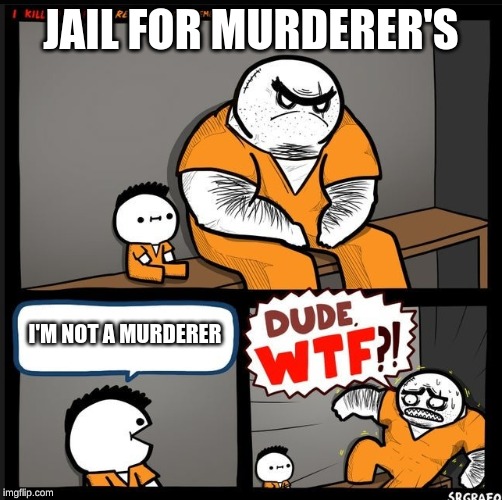 Srgrafo dude wtf | JAIL FOR MURDERER'S; I'M NOT A MURDERER | image tagged in srgrafo dude wtf | made w/ Imgflip meme maker