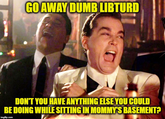 Good Fellas Hilarious Meme | GO AWAY DUMB LIBTURD DON'T YOU HAVE ANYTHING ELSE YOU COULD BE DOING WHILE SITTING IN MOMMY'S BASEMENT? | image tagged in memes,good fellas hilarious | made w/ Imgflip meme maker