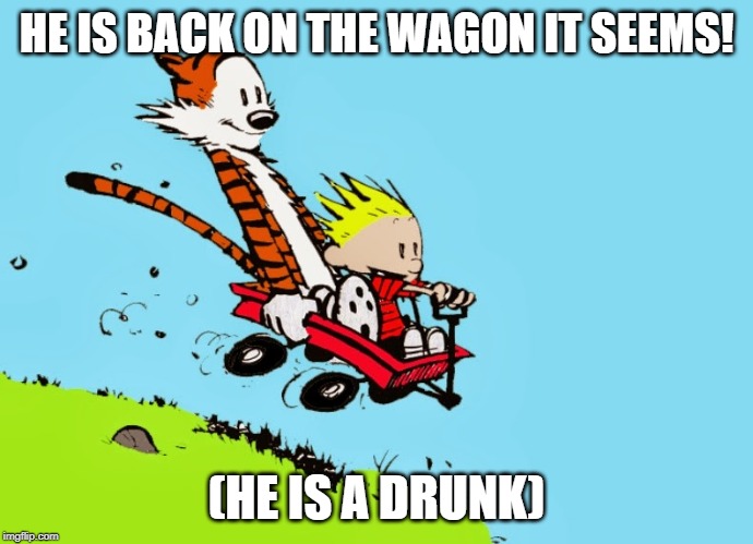 calvin and hobbes in wagon | HE IS BACK ON THE WAGON IT SEEMS! (HE IS A DRUNK) | image tagged in calvin and hobbes in wagon | made w/ Imgflip meme maker