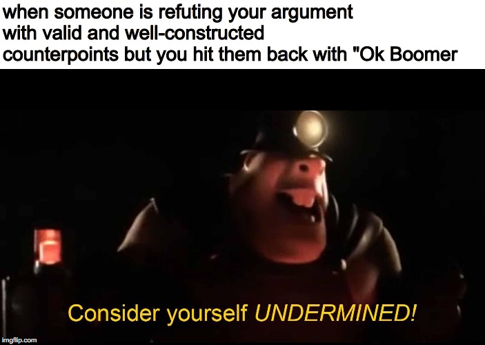 Undermined | when someone is refuting your argument with valid and well-constructed counterpoints but you hit them back with "Ok Boomer | image tagged in undermined | made w/ Imgflip meme maker