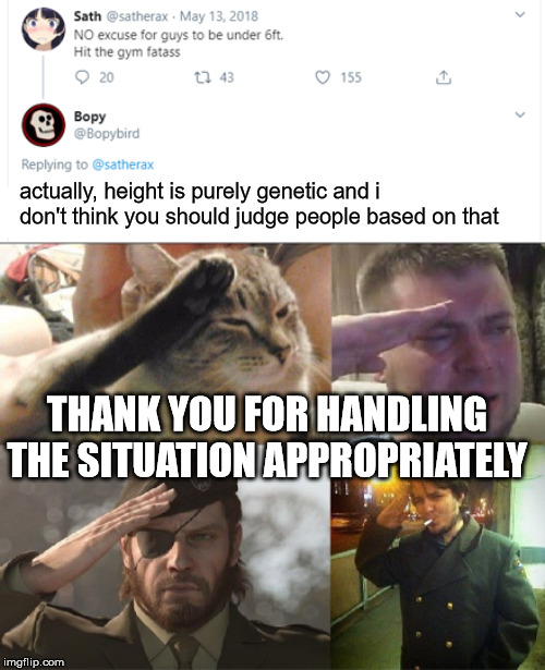 actually, height is purely genetic and i don't think you should judge people based on that; THANK YOU FOR HANDLING THE SITUATION APPROPRIATELY | image tagged in reddit,fun,funny,memes,dank,upvote | made w/ Imgflip meme maker