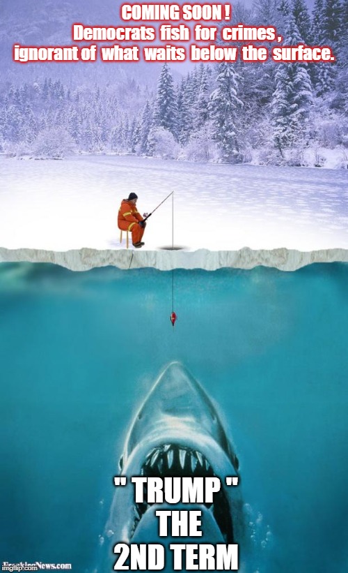 ice fishing | COMING SOON !            Democrats  fish  for  crimes , ignorant of  what  waits  below  the  surface. " TRUMP "
 THE 2ND TERM | image tagged in ice fishing | made w/ Imgflip meme maker