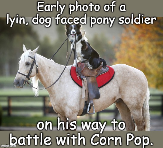 lyin, dog faced pony soldier | Early photo of a lyin, dog faced pony soldier; on his way to battle with Corn Pop. | image tagged in biden,pony soldier,stupid sayings | made w/ Imgflip meme maker
