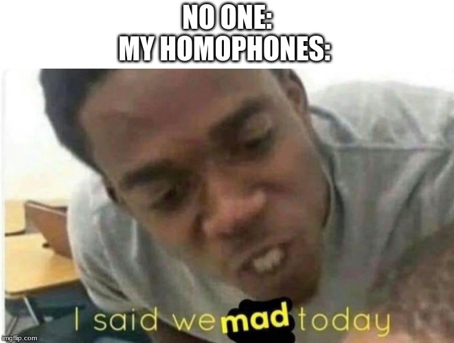 We mad | NO ONE:
MY HOMOPHONES: | image tagged in mad | made w/ Imgflip meme maker