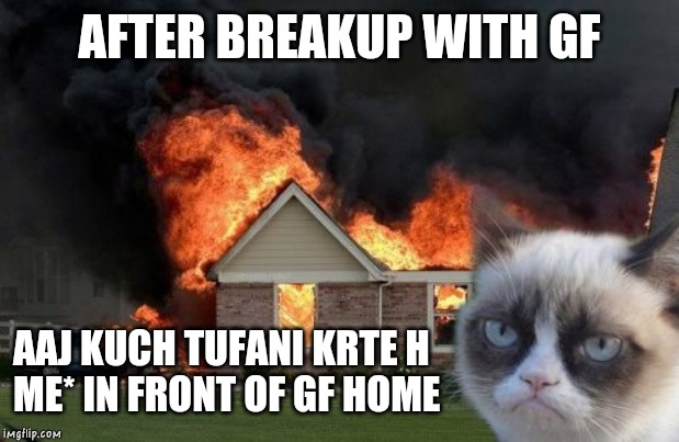 Burn Kitty Meme | AFTER BREAKUP WITH GF; AAJ KUCH TUFANI KRTE H 
ME* IN FRONT OF GF HOME | image tagged in memes,burn kitty,grumpy cat | made w/ Imgflip meme maker