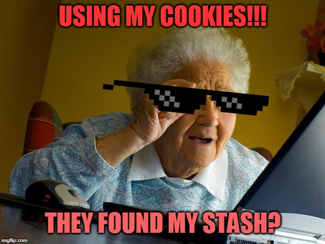 Grandma Finds The Internet | USING MY COOKIES!!! THEY FOUND MY STASH? | image tagged in memes,grandma finds the internet | made w/ Imgflip meme maker