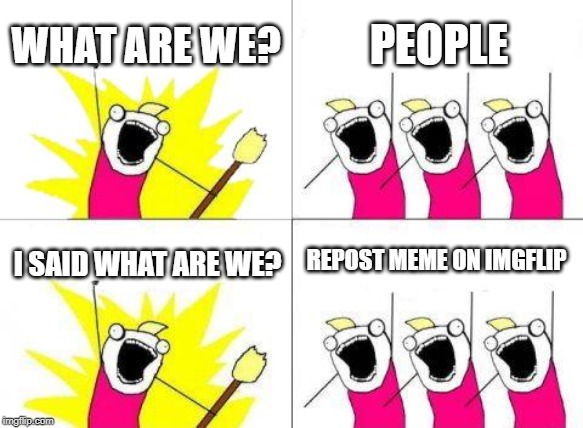 What Do We Want | WHAT ARE WE? PEOPLE; REPOST MEME ON IMGFLIP; I SAID WHAT ARE WE? | image tagged in memes,what do we want | made w/ Imgflip meme maker