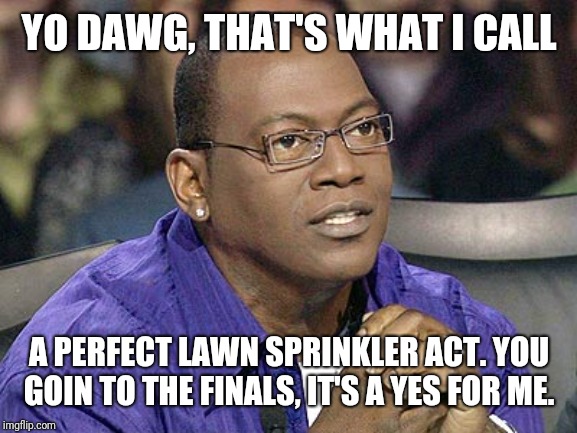 randy jackson | YO DAWG, THAT'S WHAT I CALL A PERFECT LAWN SPRINKLER ACT. YOU GOIN TO THE FINALS, IT'S A YES FOR ME. | image tagged in randy jackson | made w/ Imgflip meme maker
