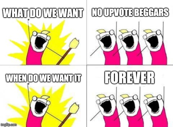 What Do We Want Meme | WHAT DO WE WANT; NO UPVOTE BEGGARS; WHEN DO WE WANT IT; FOREVER | image tagged in memes,what do we want,trooper06 | made w/ Imgflip meme maker