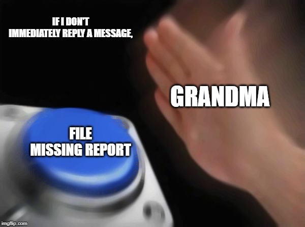Blank Nut Button | IF I DON'T IMMEDIATELY REPLY A MESSAGE, GRANDMA; FILE MISSING REPORT | image tagged in memes,blank nut button | made w/ Imgflip meme maker