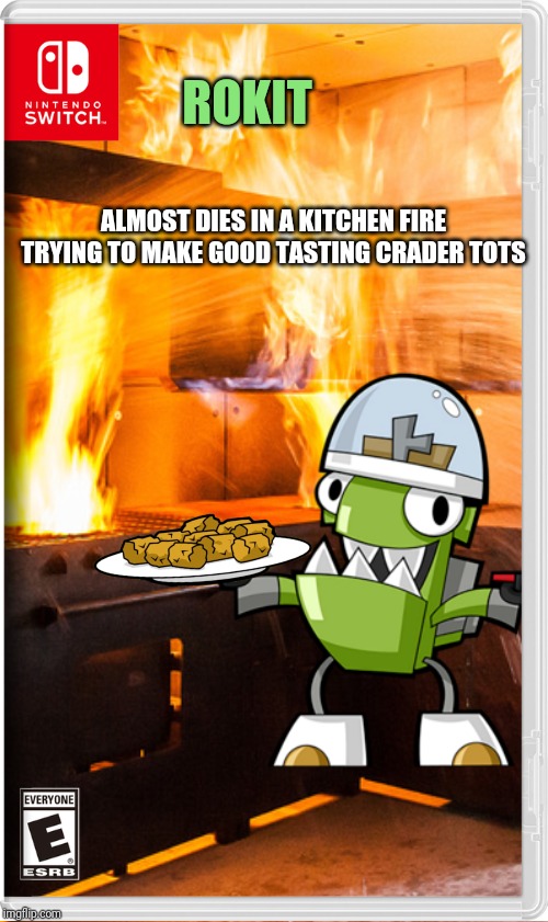 ROKIT; ALMOST DIES IN A KITCHEN FIRE TRYING TO MAKE GOOD TASTING CRADER TOTS | image tagged in fire,rokit,mixels,fake switch games,memes | made w/ Imgflip meme maker