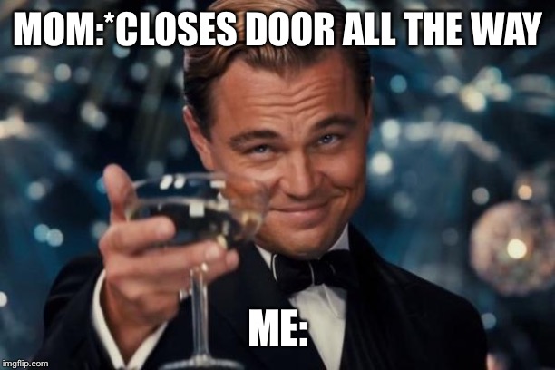 Leonardo Dicaprio Cheers | MOM:*CLOSES DOOR ALL THE WAY; ME: | image tagged in memes,leonardo dicaprio cheers | made w/ Imgflip meme maker