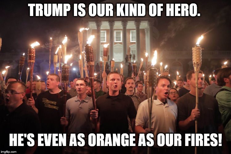 White Supremacists in Charlottesville | TRUMP IS OUR KIND OF HERO. HE'S EVEN AS ORANGE AS OUR FIRES! | image tagged in white supremacists in charlottesville | made w/ Imgflip meme maker