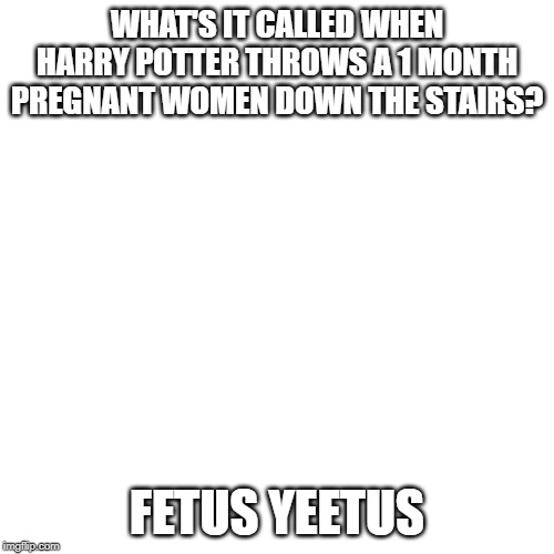 WHAT'S IT CALLED WHEN HARRY POTTER THROWS A 1 MONTH PREGNANT WOMEN DOWN THE STAIRS? FETUS YEETUS | image tagged in harry potter | made w/ Imgflip meme maker