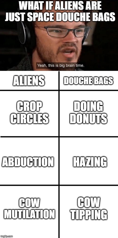 Alien A-holes | WHAT IF ALIENS ARE JUST SPACE DOUCHE BAGS; ALIENS; DOUCHE BAGS; DOING DONUTS; CROP CIRCLES; HAZING; ABDUCTION; COW MUTILATION; COW TIPPING | image tagged in comparison chart,big brain time,ufo,aliens,douchebag,pranks | made w/ Imgflip meme maker