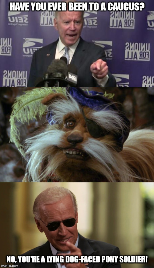 Dog faced pony soldier | HAVE YOU EVER BEEN TO A CAUCUS? NO, YOU'RE A LYING DOG-FACED PONY SOLDIER! | image tagged in dog faced pony soldier,joe biden,labyrinth,sir didymus | made w/ Imgflip meme maker
