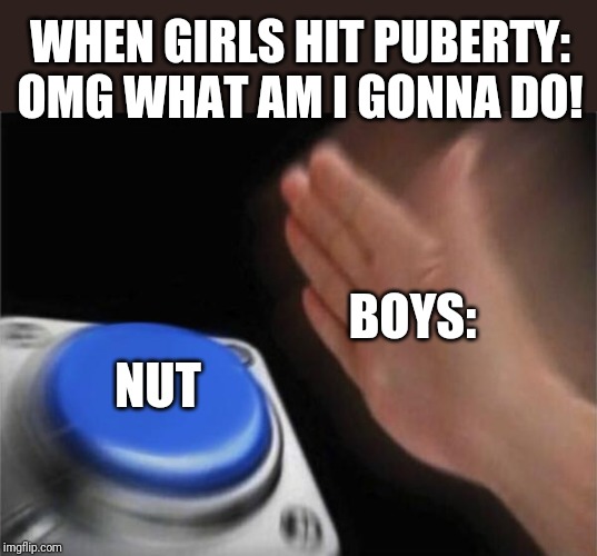 Blank Nut Button Meme | WHEN GIRLS HIT PUBERTY: OMG WHAT AM I GONNA DO! BOYS:; NUT | image tagged in memes,blank nut button,funny | made w/ Imgflip meme maker
