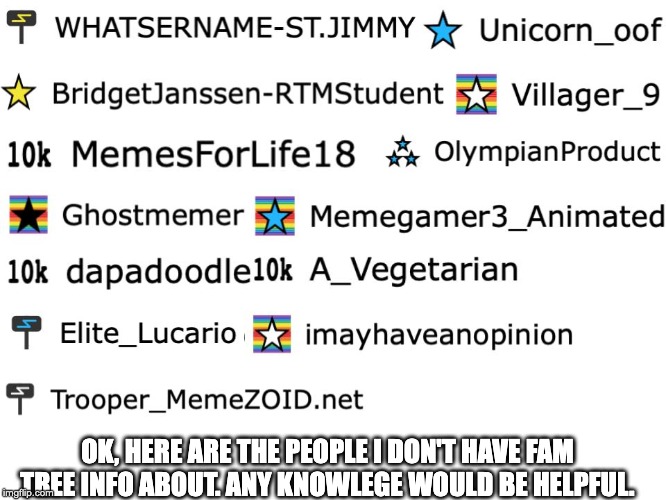I'n not a stalker, just trying to sort out confusion. | OK, HERE ARE THE PEOPLE I DON'T HAVE FAM TREE INFO ABOUT. ANY KNOWLEGE WOULD BE HELPFUL. | image tagged in family,family tree,info,thanks | made w/ Imgflip meme maker