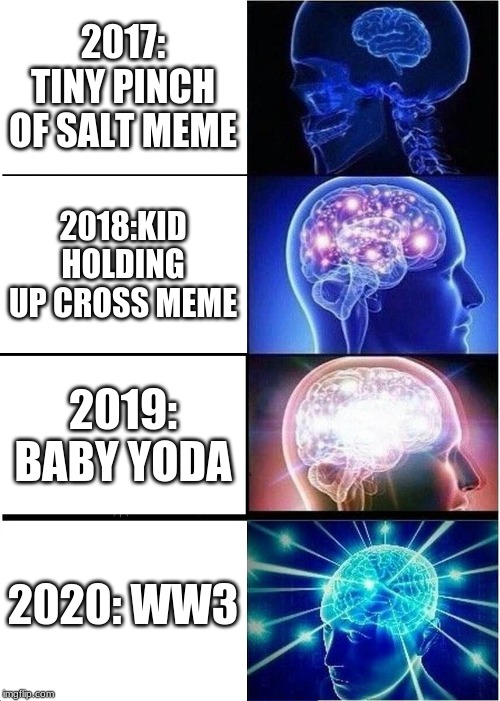 Expanding Brain Meme | 2017: TINY PINCH OF SALT MEME; 2018:KID HOLDING UP CROSS MEME; 2019: BABY YODA; 2020: WW3 | image tagged in memes,expanding brain | made w/ Imgflip meme maker