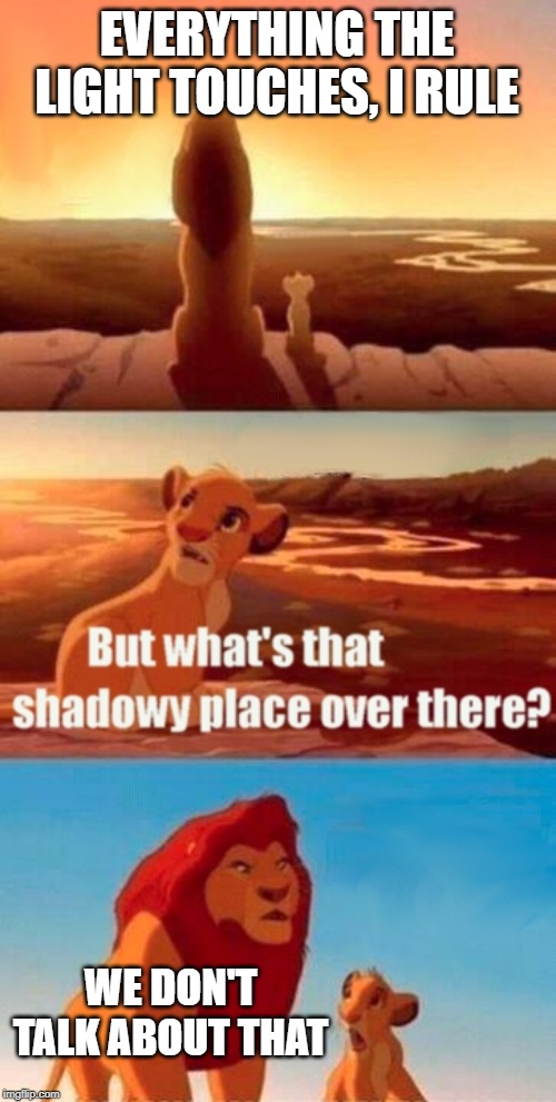 Simba Shadowy Place | EVERYTHING THE LIGHT TOUCHES, I RULE; WE DON'T TALK ABOUT THAT | image tagged in memes,simba shadowy place | made w/ Imgflip meme maker