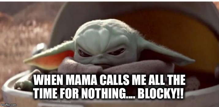Angry baby yoda | WHEN MAMA CALLS ME ALL THE TIME FOR NOTHING.... BLOCKY!! | image tagged in angry baby yoda | made w/ Imgflip meme maker