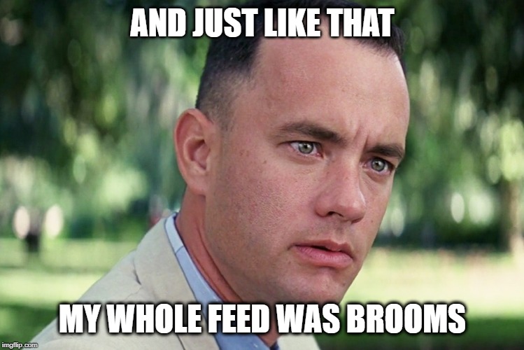 And Just Like That Meme | AND JUST LIKE THAT; MY WHOLE FEED WAS BROOMS | image tagged in memes,and just like that | made w/ Imgflip meme maker