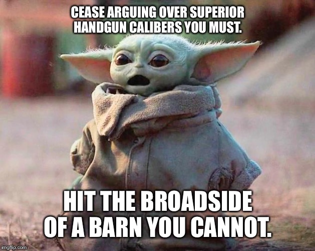 Surprised Baby Yoda | CEASE ARGUING OVER SUPERIOR HANDGUN CALIBERS YOU MUST. HIT THE BROADSIDE OF A BARN YOU CANNOT. | image tagged in surprised baby yoda | made w/ Imgflip meme maker