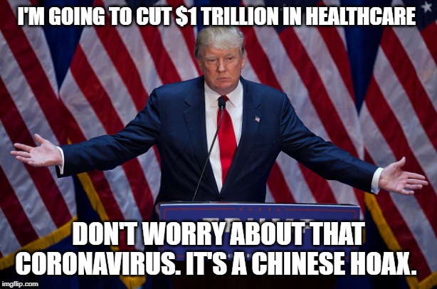 New Budget Proposal | I'M GOING TO CUT $1 TRILLION IN HEALTHCARE; DON'T WORRY ABOUT THAT CORONAVIRUS. IT'S A CHINESE HOAX. | image tagged in donald trump,stupid conservatives,conservative hypocrisy,donald trump is an idiot | made w/ Imgflip meme maker