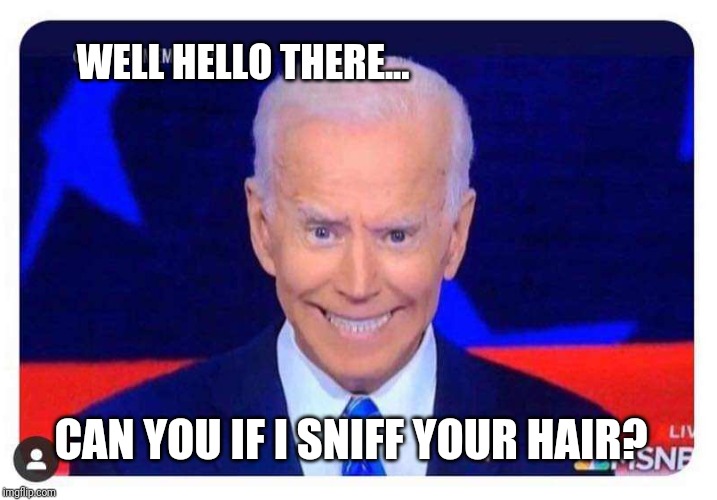 WELL HELLO THERE... CAN YOU IF I SNIFF YOUR HAIR? | image tagged in creepy joe,biden | made w/ Imgflip meme maker