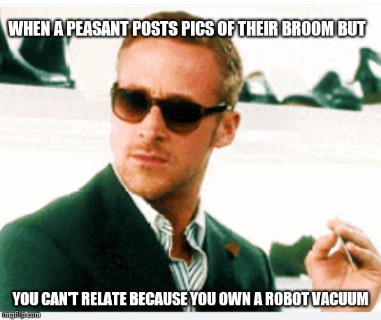 Broom peasants | WHEN A PEASANT POSTS PICS OF THEIR BROOM BUT; YOU CAN'T RELATE BECAUSE YOU OWN A ROBOT VACUUM | image tagged in broom | made w/ Imgflip meme maker