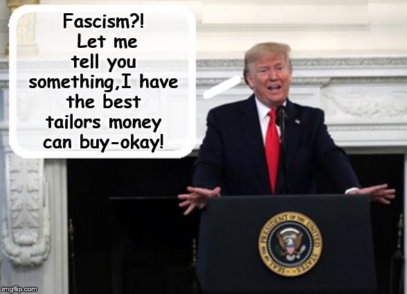 A VERY STABLE GENIUS | Fascism?!  Let me tell you something,I have the best tailors money can buy-okay! | image tagged in trump is a moron,dumbass,trump stable genius,idiot | made w/ Imgflip meme maker
