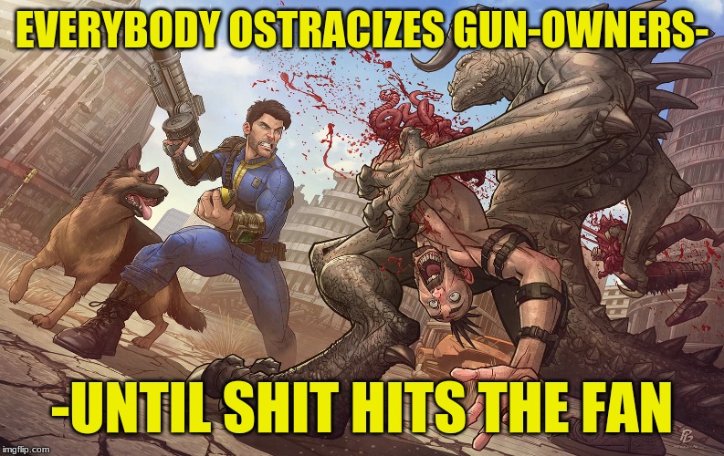 Everybody Ostracizes The Gun-Owner... | EVERYBODY OSTRACIZES GUN-OWNERS-; -UNTIL SHIT HITS THE FAN | image tagged in gun owners,guns,fallout 3,fallout,politics | made w/ Imgflip meme maker