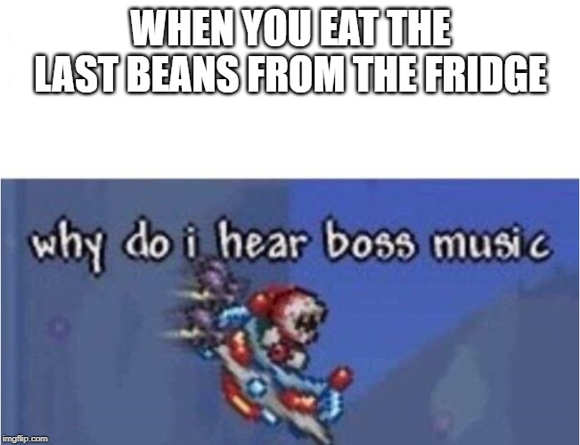 why do i hear boss music | WHEN YOU EAT THE LAST BEANS FROM THE FRIDGE | image tagged in why do i hear boss music | made w/ Imgflip meme maker