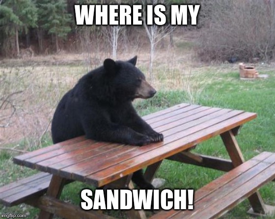 Bad Luck Bear | WHERE IS MY; SANDWICH! | image tagged in memes,bad luck bear | made w/ Imgflip meme maker
