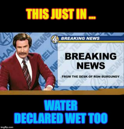 ron b | THIS JUST IN ... WATER DECLARED WET TOO | image tagged in ron b | made w/ Imgflip meme maker