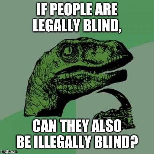 Philosoraptor | IF PEOPLE ARE LEGALLY BLIND, CAN THEY ALSO BE ILLEGALLY BLIND? | image tagged in memes,philosoraptor | made w/ Imgflip meme maker