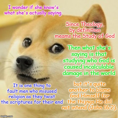 Doge Meme | I wonder if she know's what she's actually saying. Since Theology, by definition meams the Study of God Then what she's saying is that study | image tagged in memes,doge | made w/ Imgflip meme maker